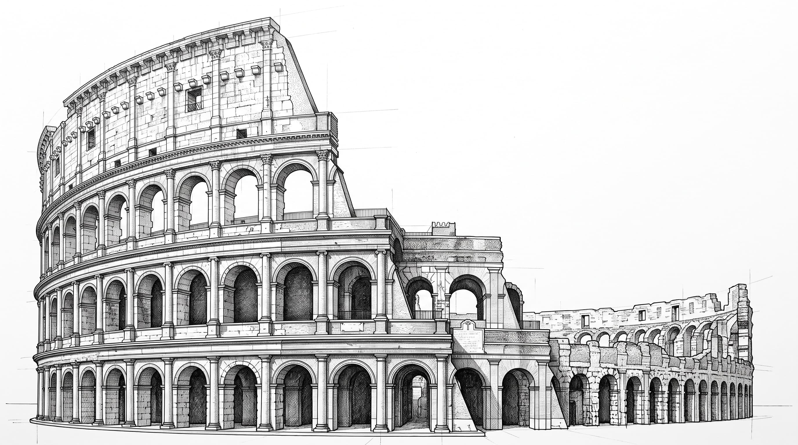 Ink drawing of a Roman amphitheatre: four tiers of arches rise on the left, then the wall curves away and steps down into a long ruin